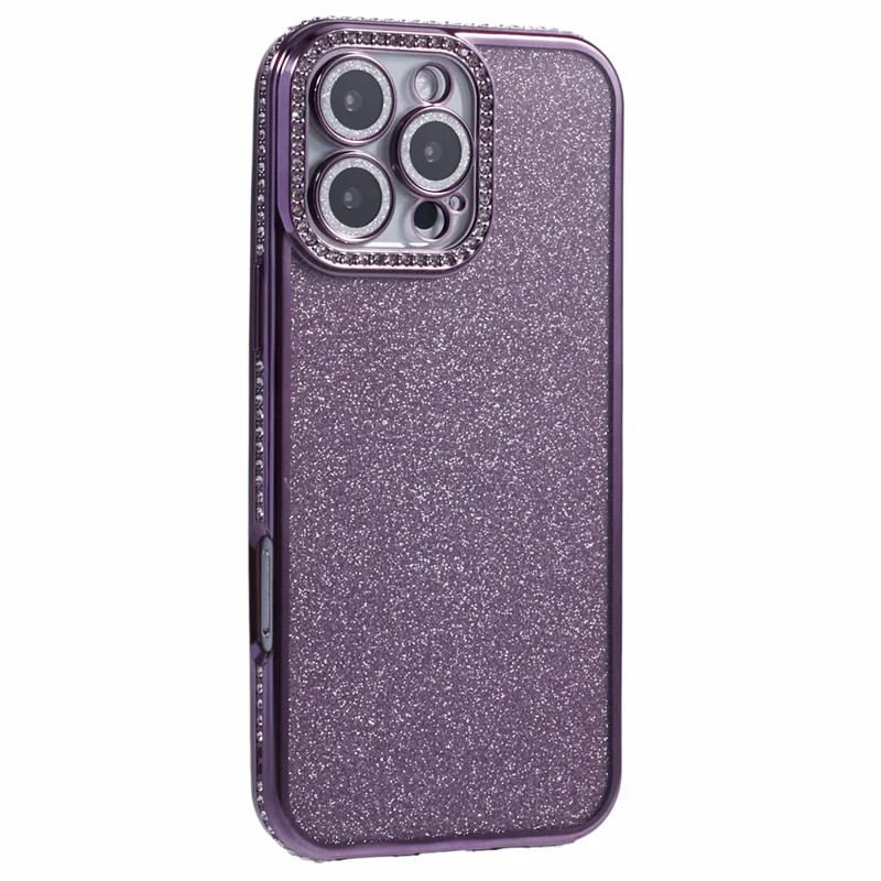 For iPhone 16 Pro Max Case Camera Lens Guard Clear Phone Back Cover Rhinestone Decor With Glitter Paper - Dark Purple