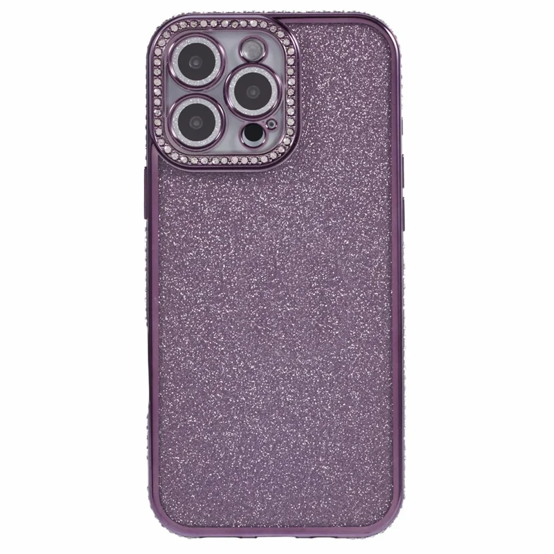 For iPhone 16 Pro Max Case Camera Lens Guard Clear Phone Back Cover Rhinestone Decor With Glitter Paper - Dark Purple