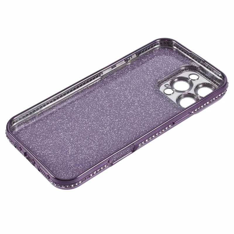 For iPhone 16 Pro Max Case Camera Lens Guard Clear Phone Back Cover Rhinestone Decor With Glitter Paper - Dark Purple