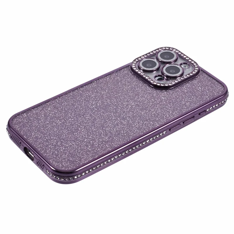 For iPhone 16 Pro Max Case Camera Lens Guard Clear Phone Back Cover Rhinestone Decor With Glitter Paper - Dark Purple
