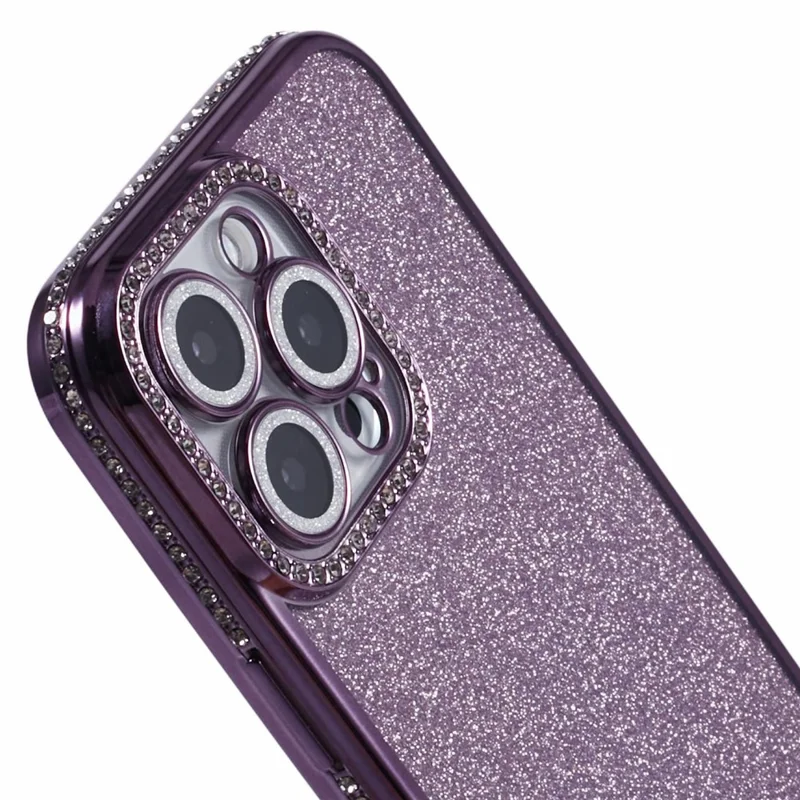 For iPhone 16 Pro Max Case Camera Lens Guard Clear Phone Back Cover Rhinestone Decor With Glitter Paper - Dark Purple
