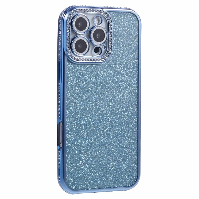 For iPhone 16 Pro Max Case Camera Lens Guard Clear Phone Back Cover Rhinestone Decor With Glitter Paper - Blue