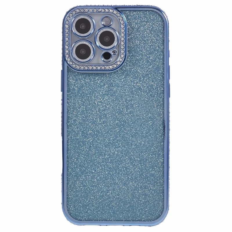 For iPhone 16 Pro Max Case Camera Lens Guard Clear Phone Back Cover Rhinestone Decor With Glitter Paper - Blue
