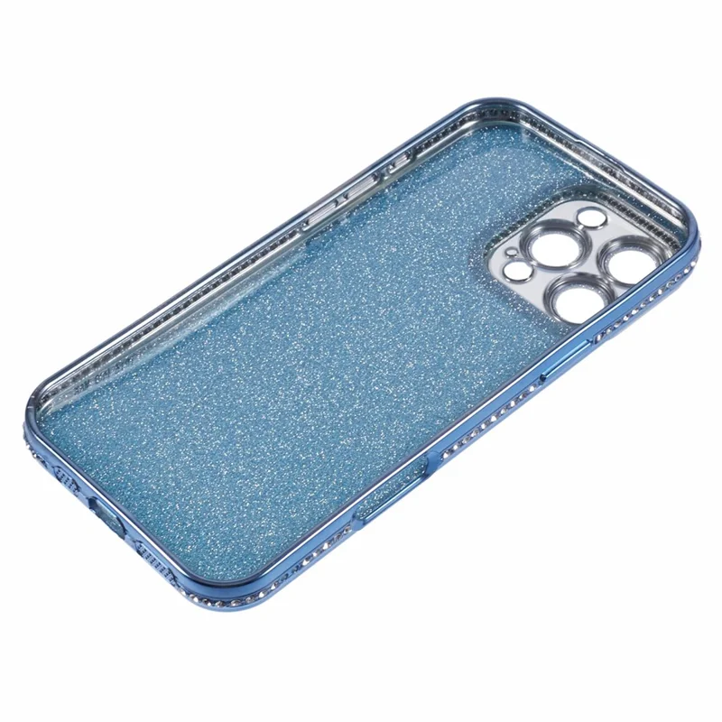 For iPhone 16 Pro Max Case Camera Lens Guard Clear Phone Back Cover Rhinestone Decor With Glitter Paper - Blue