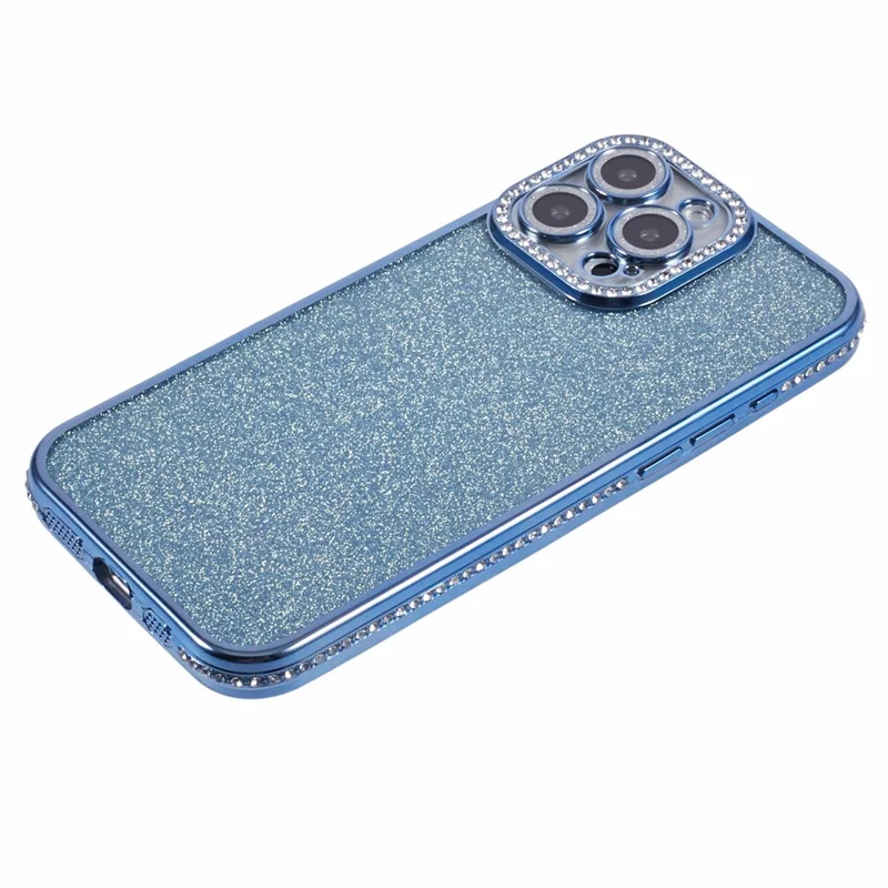 For iPhone 16 Pro Max Case Camera Lens Guard Clear Phone Back Cover Rhinestone Decor With Glitter Paper - Blue