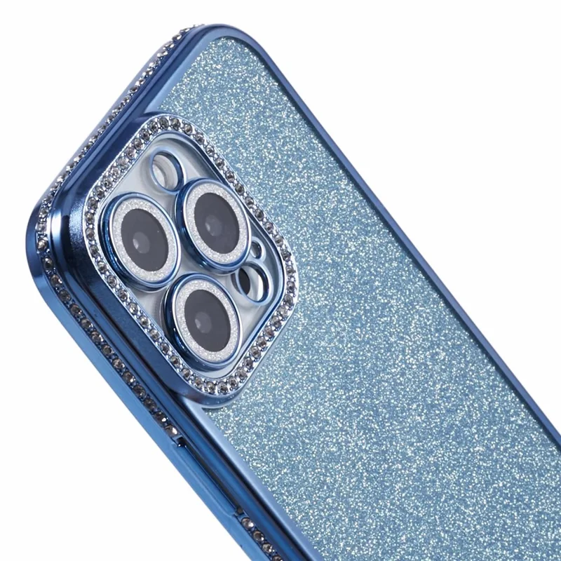 For iPhone 16 Pro Max Case Camera Lens Guard Clear Phone Back Cover Rhinestone Decor With Glitter Paper - Blue