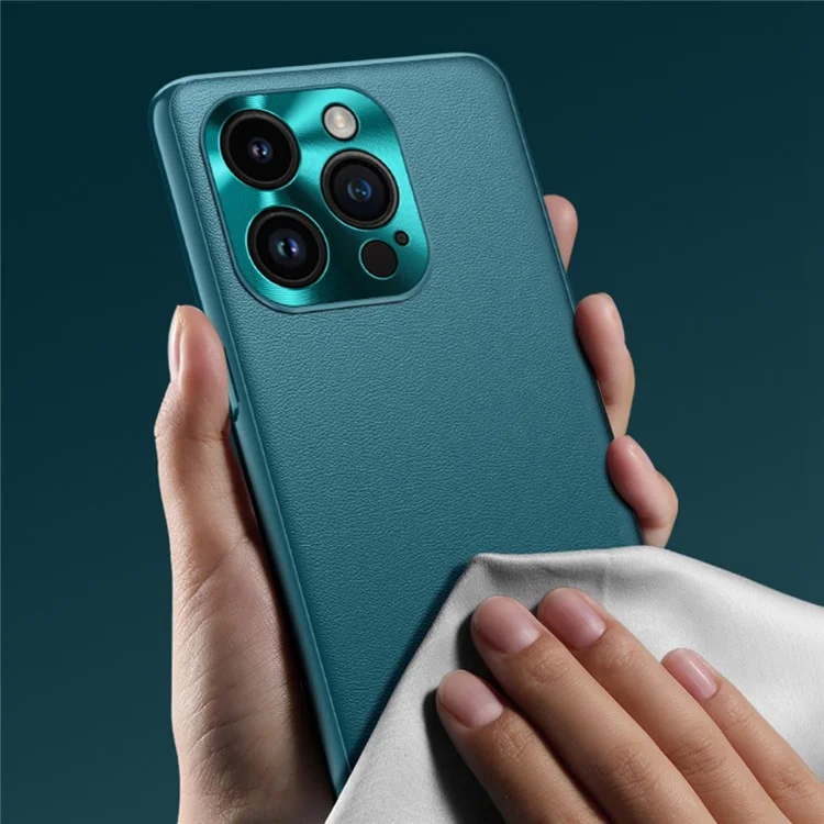 Phone Case for iPhone 14 Pro Max, Metal Lens Design Textured PU Leather Coating TPU + PC Protector Back Guard Protective Cover - Blue