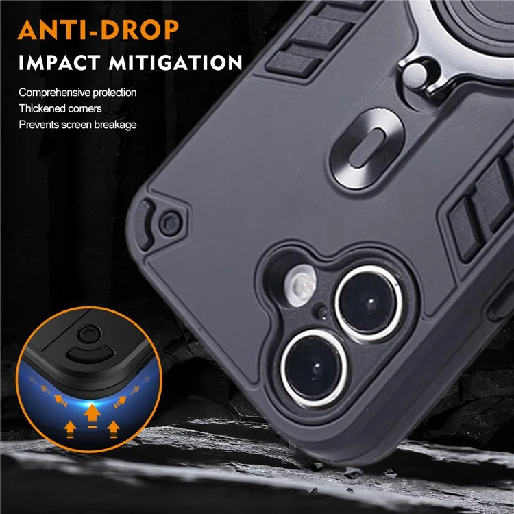Custodia per iPhone 16 Plus con supporto girevole, protezione da caduta in PC+TPU - Nero