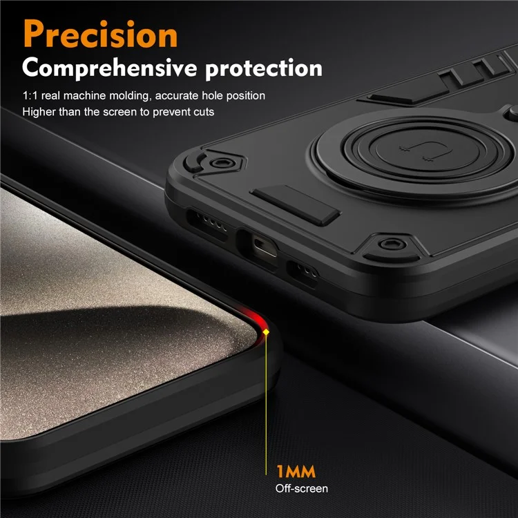 Funda para iPhone 16 Pro Max con soporte giratorio, protección contra caídas de PC+TPU - Negro