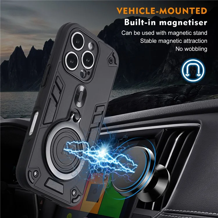 Funda para iPhone 16 Pro Max con soporte giratorio, protección contra caídas de PC+TPU - Negro
