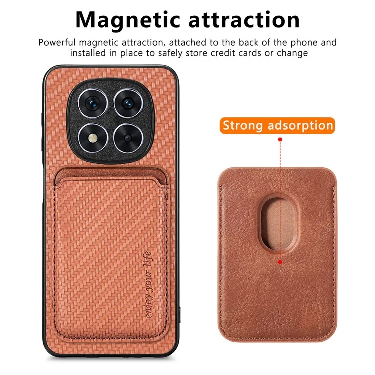 Custodia per Xiaomi Redmi Note 14 Pro+ 5G in fibra di carbonio e pelle con tasca staccabile per schede - Marrone
