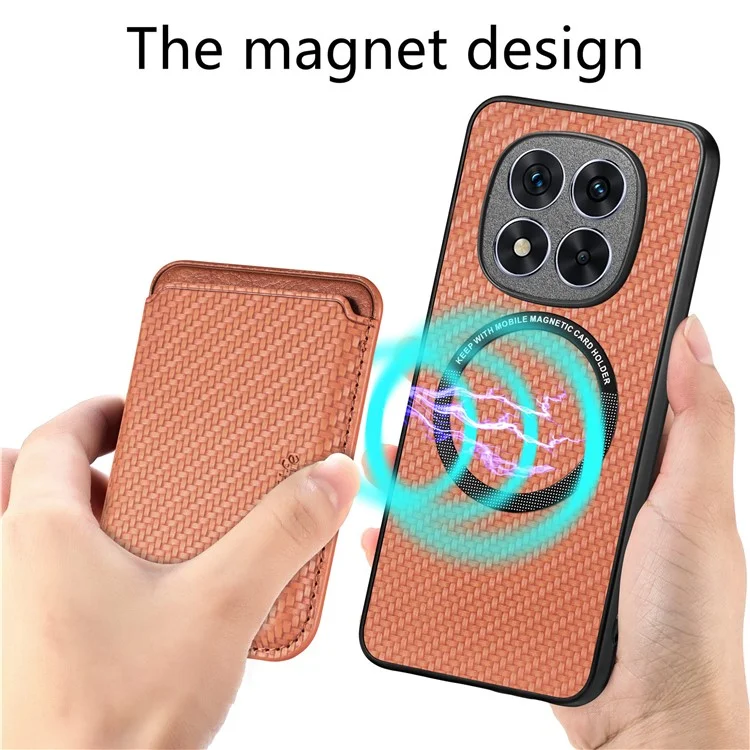 Custodia per Xiaomi Redmi Note 14 Pro+ 5G in fibra di carbonio e pelle con tasca staccabile per schede - Marrone