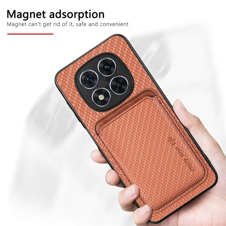 Custodia per Xiaomi Redmi Note 14 Pro+ 5G in fibra di carbonio e pelle con tasca staccabile per schede - Marrone