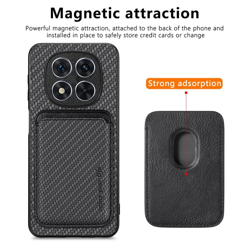 For Xiaomi Redmi Note 14 Pro+ 5G Case Carbon Fiber Leather Back Cover with Detachable Card Bag - Black