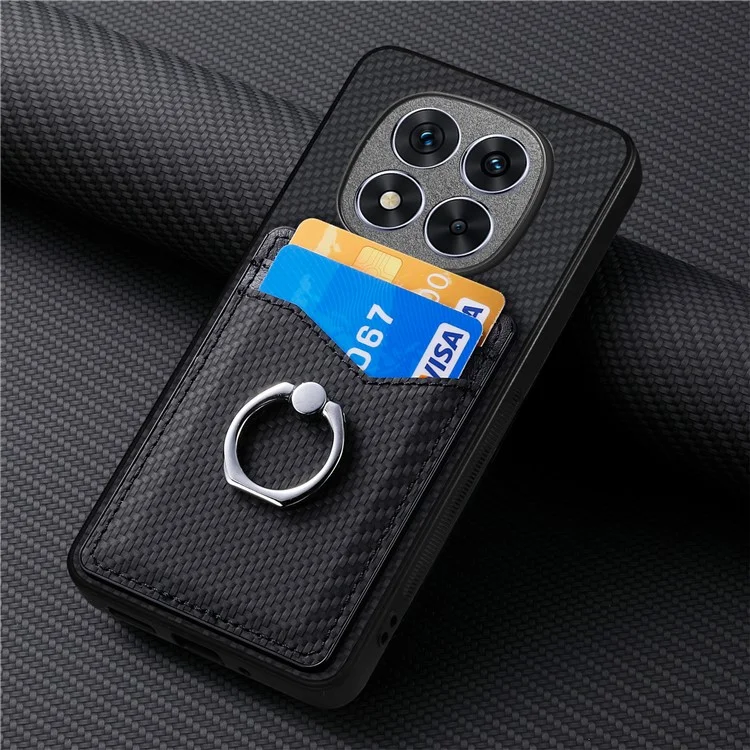 Custodia in pelle per Xiaomi Redmi Note 14 Pro+ 5G con slot per schede, supporto e anello di supporto - Nero
