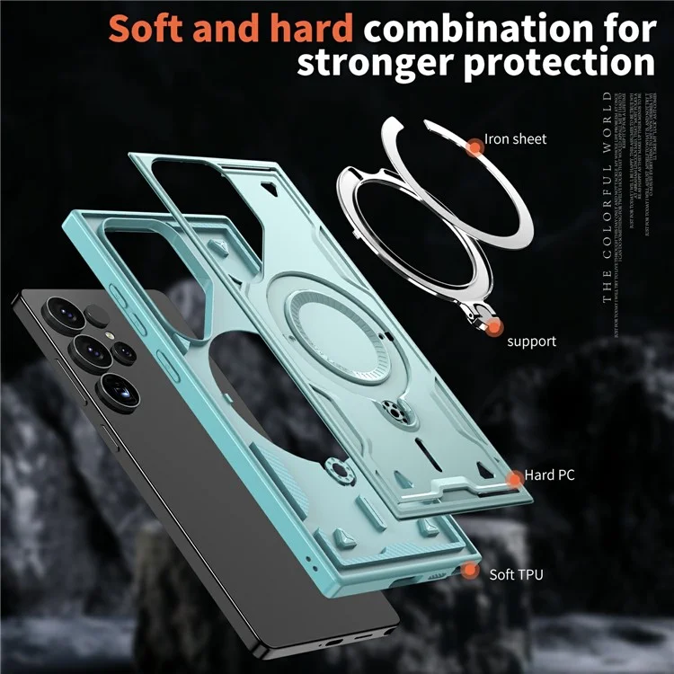 Custodia per Samsung Galaxy S25 Ultra compatibile con MagSafe, protezione militare in PC+TPU con supporto - Blu chiaro