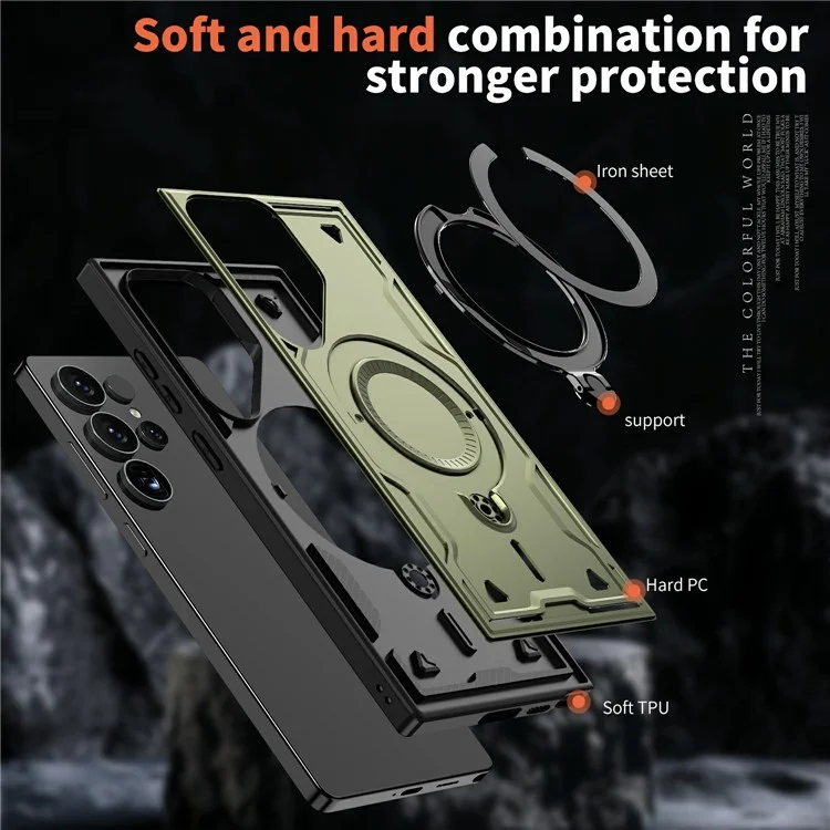 Custodia per Samsung Galaxy S25 Ultra compatibile con MagSafe, protezione militare in PC+TPU con supporto - Verde oliva