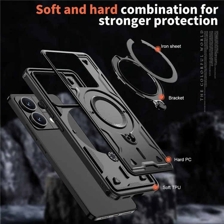 Coque pour Xiaomi Redmi Note 13 5G compatible avec MagSafe, protection militaire en PC+TPU avec support - Noir
