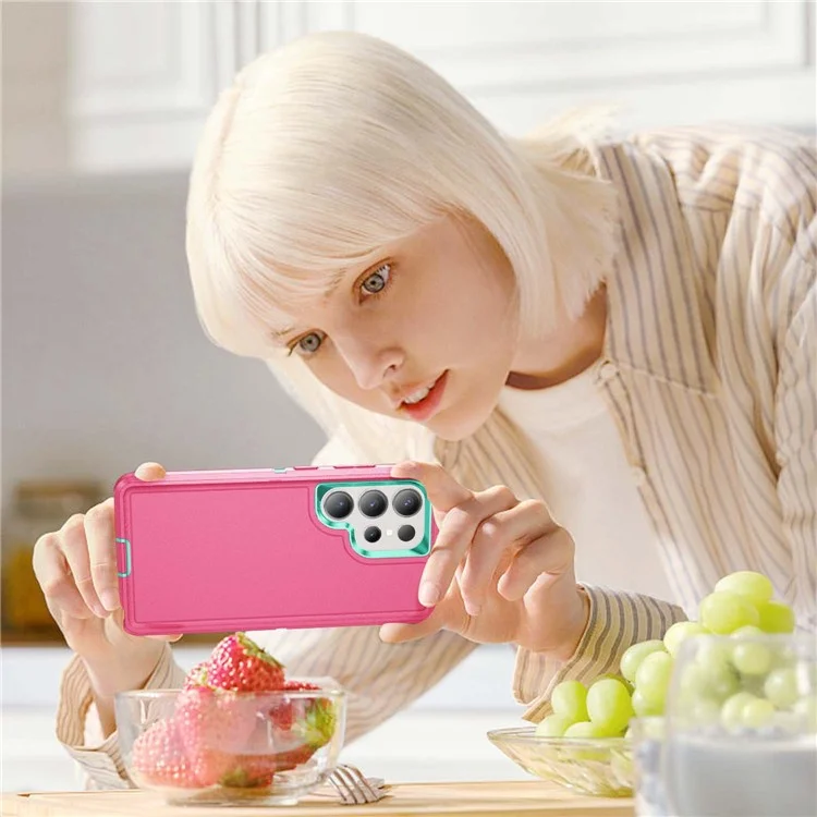 Custodia per Samsung Galaxy S25 Ultra Kickstand Cover in PC+Silicone+EVA design 3-in-1 - Rosa+Ciano chiaro