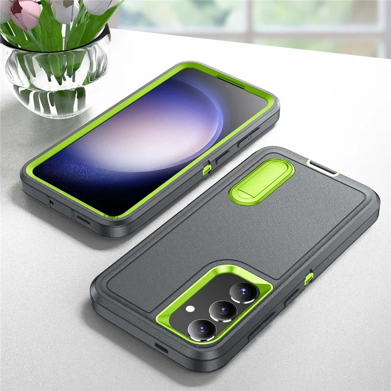 For Samsung Galaxy S25 / S24 Case Kickstand Phone Cover PC+Silicone+EVA 3-in-1 Design - Grey+Green