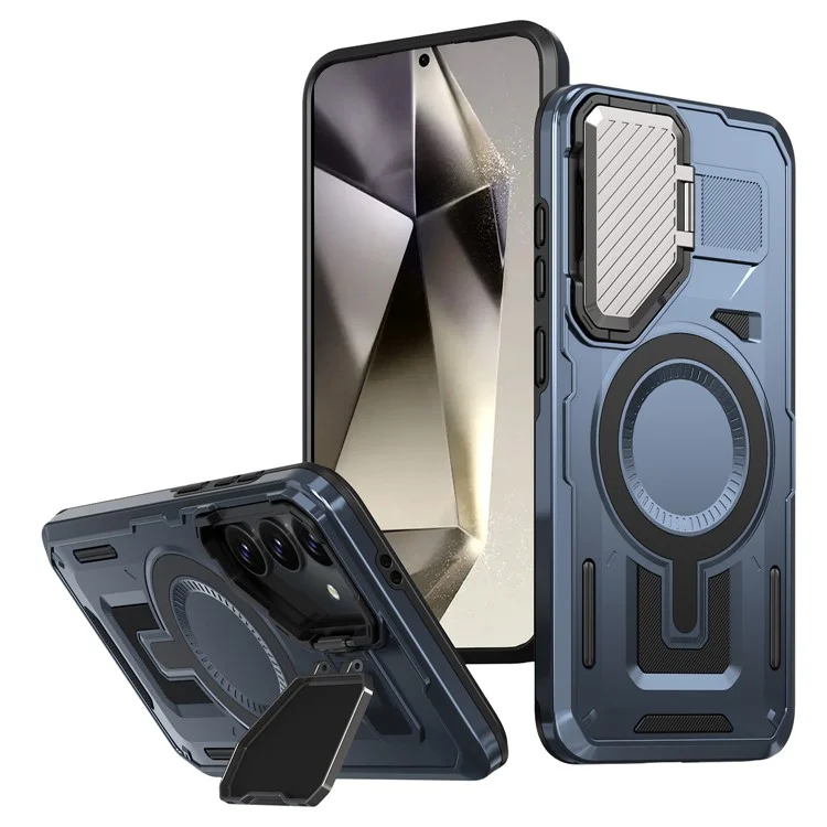 Coque pour Samsung Galaxy S25 / S24 compatible avec MagSafe, couvercle de l'objectif, support, coque arrière en PC+TPU - Bleu
