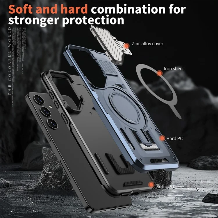 Coque pour Samsung Galaxy S25 / S24 compatible avec MagSafe, couvercle de l'objectif, support, coque arrière en PC+TPU - Bleu