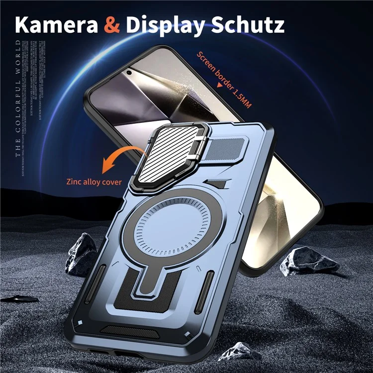 Coque pour Samsung Galaxy S25 / S24 compatible avec MagSafe, couvercle de l'objectif, support, coque arrière en PC+TPU - Bleu