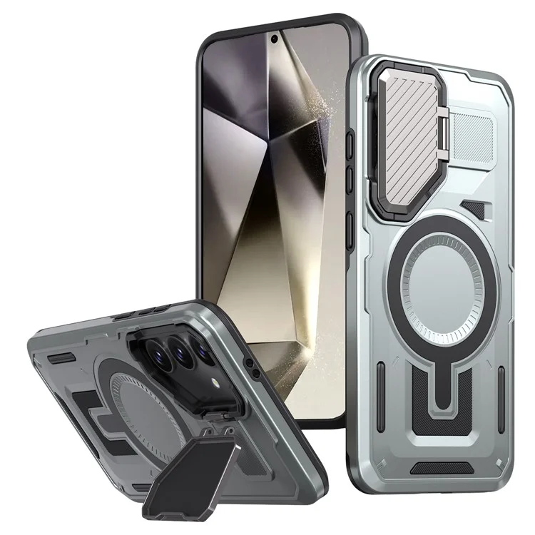 Carcasa compatible con Samsung Galaxy S25+ / S24+ con tapa de lente MagSafe y soporte, cubierta trasera de PC + TPU - Plata