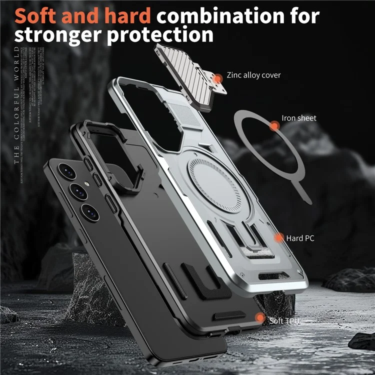 Carcasa compatible con Samsung Galaxy S25+ / S24+ con tapa de lente MagSafe y soporte, cubierta trasera de PC + TPU - Plata
