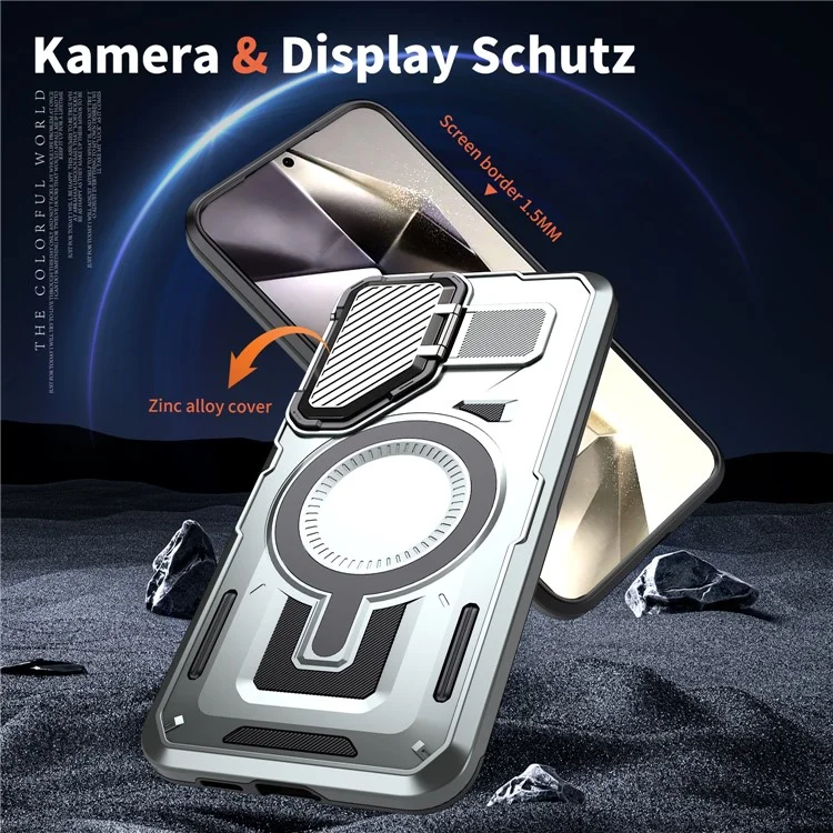 Carcasa compatible con Samsung Galaxy S25+ / S24+ con tapa de lente MagSafe y soporte, cubierta trasera de PC + TPU - Plata
