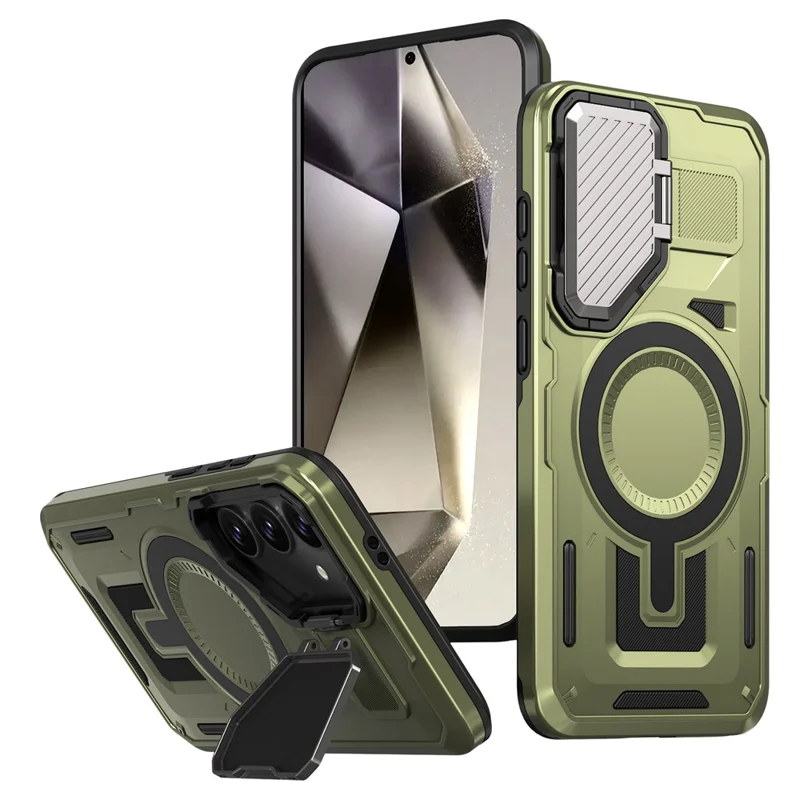 For Samsung Galaxy S25+ / S24+ Magnetic Case Lens Lid Kickstand PC+TPU Back Cover - Olive Green