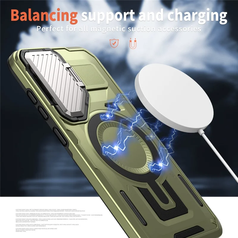 For Samsung Galaxy S25+ / S24+ Magnetic Case Lens Lid Kickstand PC+TPU Back Cover - Olive Green