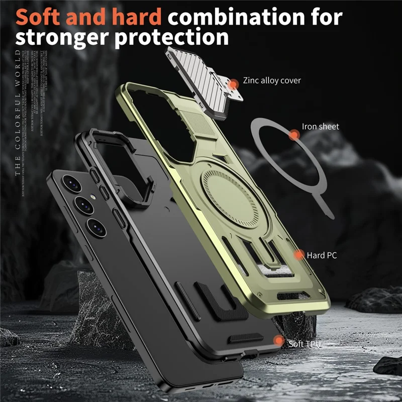For Samsung Galaxy S25+ / S24+ Magnetic Case Lens Lid Kickstand PC+TPU Back Cover - Olive Green