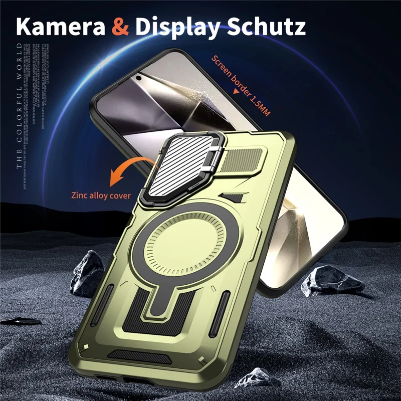 For Samsung Galaxy S25+ / S24+ Magnetic Case Lens Lid Kickstand PC+TPU Back Cover - Olive Green