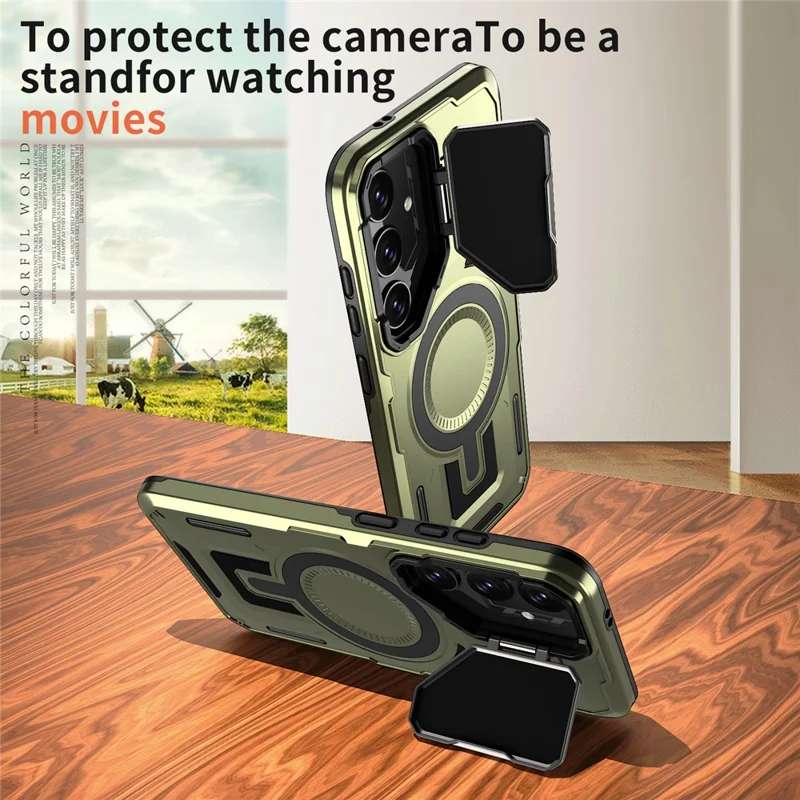 For Samsung Galaxy S25+ / S24+ Magnetic Case Lens Lid Kickstand PC+TPU Back Cover - Olive Green