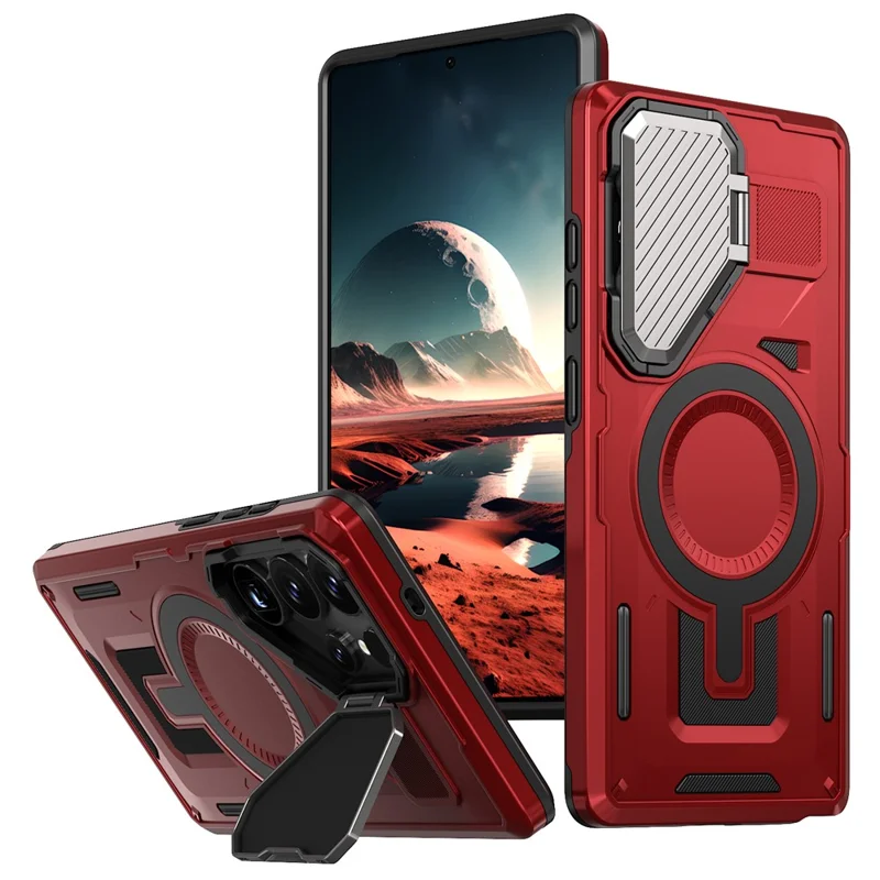 For Samsung Galaxy S25 Ultra Magnetic Case Lens Lid Kickstand PC+TPU Back Cover - Red