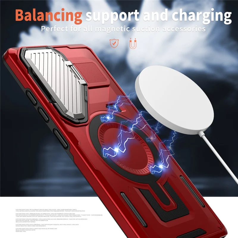 For Samsung Galaxy S25 Ultra Magnetic Case Lens Lid Kickstand PC+TPU Back Cover - Red