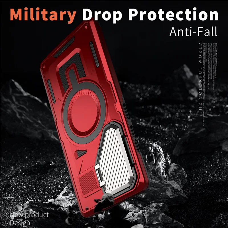 For Samsung Galaxy S25 Ultra Magnetic Case Lens Lid Kickstand PC+TPU Back Cover - Red