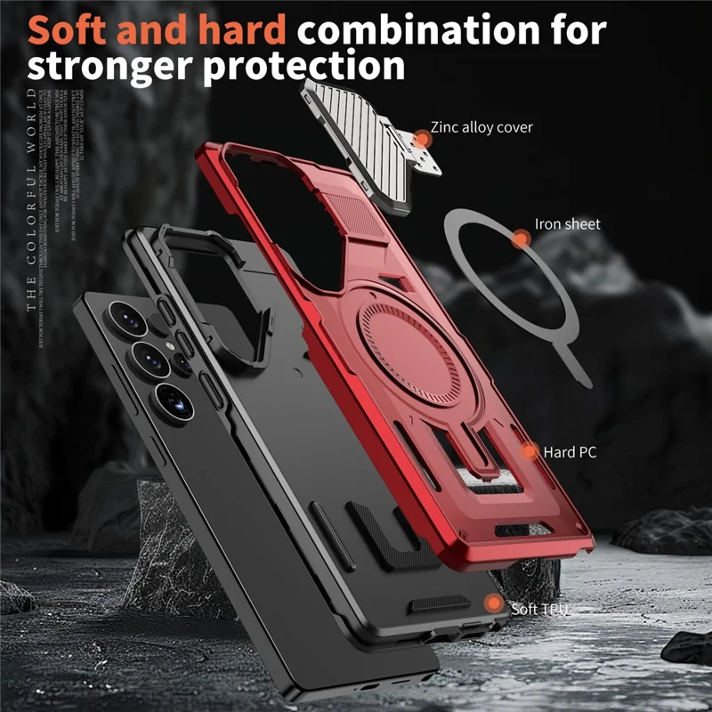 For Samsung Galaxy S25 Ultra Magnetic Case Lens Lid Kickstand PC+TPU Back Cover - Red