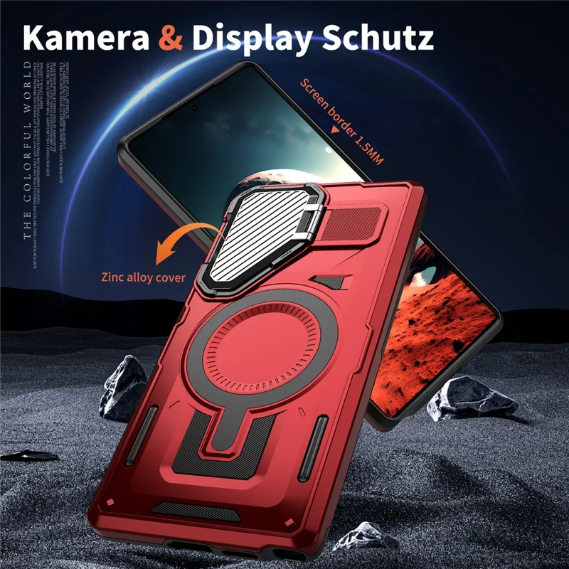 For Samsung Galaxy S25 Ultra Magnetic Case Lens Lid Kickstand PC+TPU Back Cover - Red