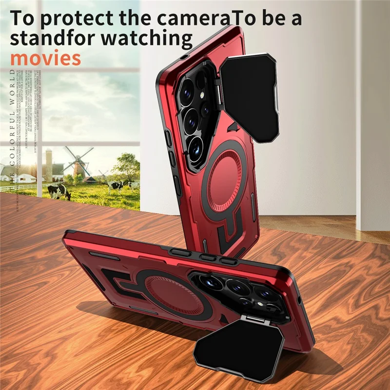 For Samsung Galaxy S25 Ultra Magnetic Case Lens Lid Kickstand PC+TPU Back Cover - Red