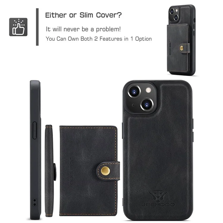 Jeehood Pour Iphone 14 Plus Wallet Téléphone Document Docuable 2 en 1 Case de Téléphone TPU Enduit en Cuir Avec Kickstand - le Noir