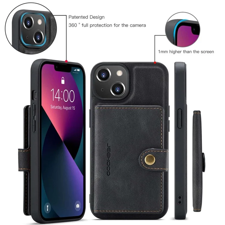 Jeehood Pour Iphone 14 Plus Wallet Téléphone Document Docuable 2 en 1 Case de Téléphone TPU Enduit en Cuir Avec Kickstand - le Noir