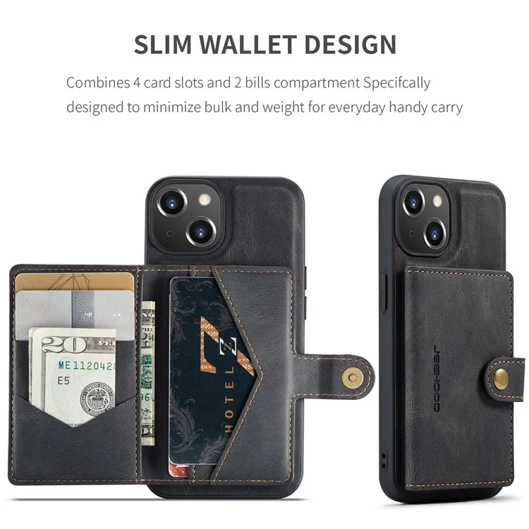 Jeehood Pour Iphone 14 Plus Wallet Téléphone Document Docuable 2 en 1 Case de Téléphone TPU Enduit en Cuir Avec Kickstand - le Noir