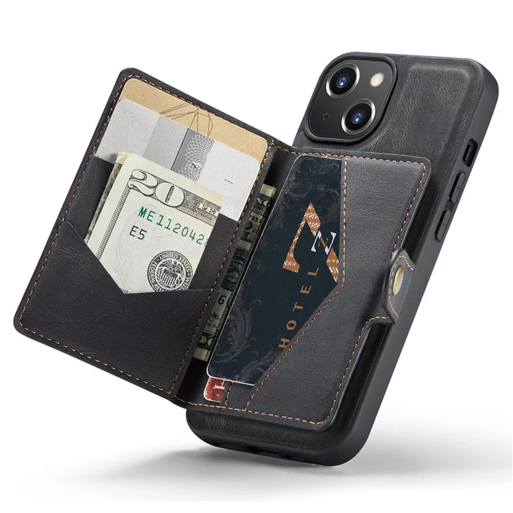 Jeehood Pour Iphone 14 Plus Wallet Téléphone Document Docuable 2 en 1 Case de Téléphone TPU Enduit en Cuir Avec Kickstand - le Noir