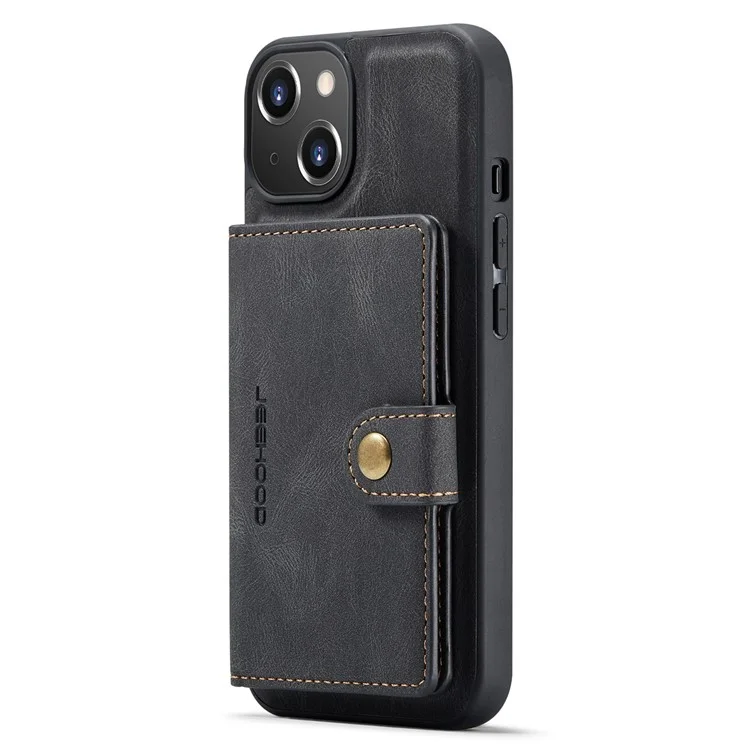 Jeehood Pour Iphone 14 Plus Wallet Téléphone Document Docuable 2 en 1 Case de Téléphone TPU Enduit en Cuir Avec Kickstand - le Noir