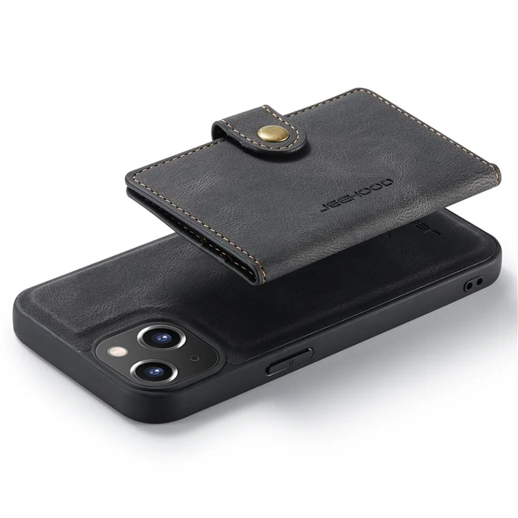 Jeehood Pour Iphone 14 Plus Wallet Téléphone Document Docuable 2 en 1 Case de Téléphone TPU Enduit en Cuir Avec Kickstand - le Noir