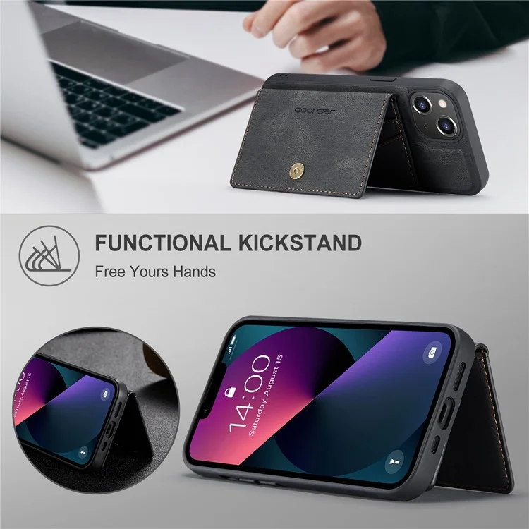 Jeehood Pour Iphone 14 Plus Wallet Téléphone Document Docuable 2 en 1 Case de Téléphone TPU Enduit en Cuir Avec Kickstand - le Noir