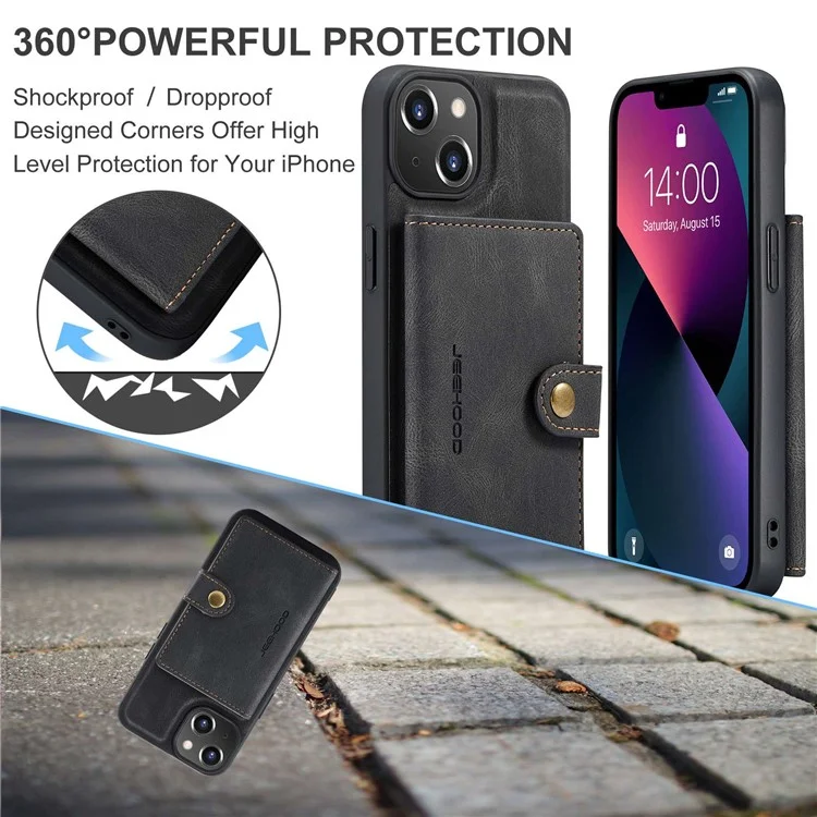 Jeehood Pour Iphone 14 Plus Wallet Téléphone Document Docuable 2 en 1 Case de Téléphone TPU Enduit en Cuir Avec Kickstand - le Noir