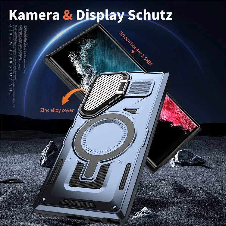 Funda para Samsung Galaxy S23 Ultra / S22 Ultra 5G compatible con MagSafe, tapa para lente, soporte, cubierta trasera de PC+TPU - Azul